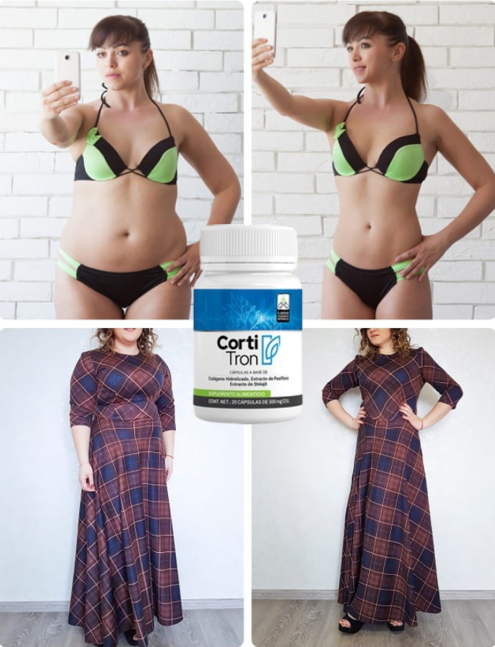 La imagen muestra resultados inspiradores del proceso de transformación que muchas personas buscan cuando empiezan un plan para bajar de peso, y CortiTron™ se posiciona como un apoyo clave en este camino. Gracias a su fórmula avanzada con Colágeno Hidrolizado, Extracto de Pasiflora y Shilajit, este suplemento ayuda a equilibrar el organismo, reducir medidas y mejorar la apariencia general del cuerpo de manera natural. Las comparaciones “antes y después” refuerzan el objetivo de quienes desean recuperar su figura, aumentar la confianza y acelerar su proceso de adelgazamiento con un producto confiable, elaborado con componentes de alta calidad y pensado para resultados visibles.